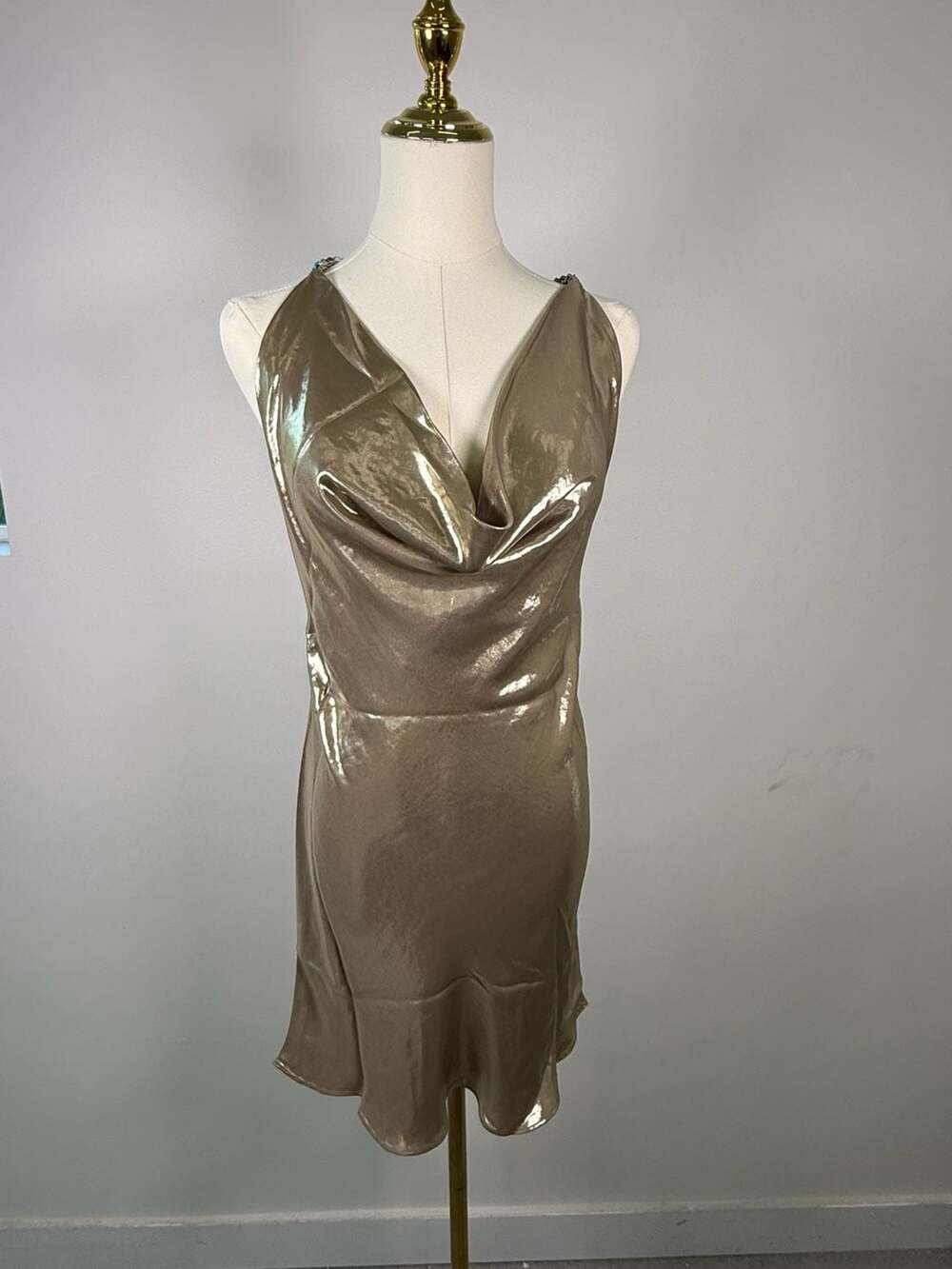 My Beachy Side Metallic Gold Cowl Neck Beaded Strap Mini Dress Size S